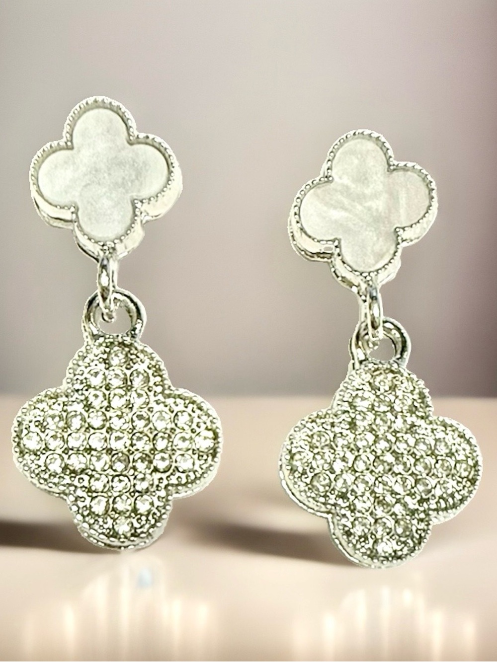 Lulu's Silver Clover Drop Earrings with Pave Accents